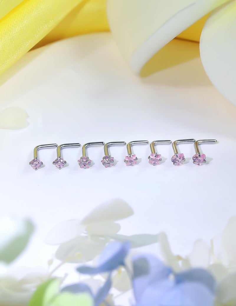 Ftovosyo Hypoallergenic Nose Rings Studs 18G & 20G Surgical Steel Nose Studs L Shaped Nostril Piercing Jewelry with Pink Cubic Zirconia for Women & Men - Image 5